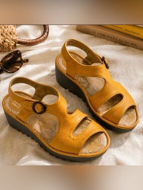 FLY London Yanca Mustard Yellow Leather Wedge Sandals Size US 8.5
